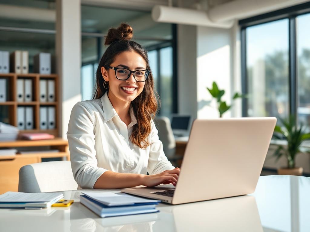 Buchhalterin arbeitet am Laptop in einer modernen Steuerkanzlei
